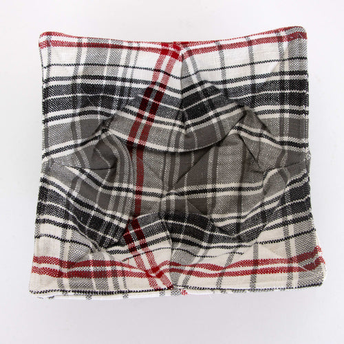 Handcrafted plaid bowl cozy in red, black, and gray cotton fabric, designed to protect hands and surfaces from hot dishes, featured in Kitchen & Food, Kitchen Textiles, Storage and Serving, Best Sellers, and Promo Eligible collections.