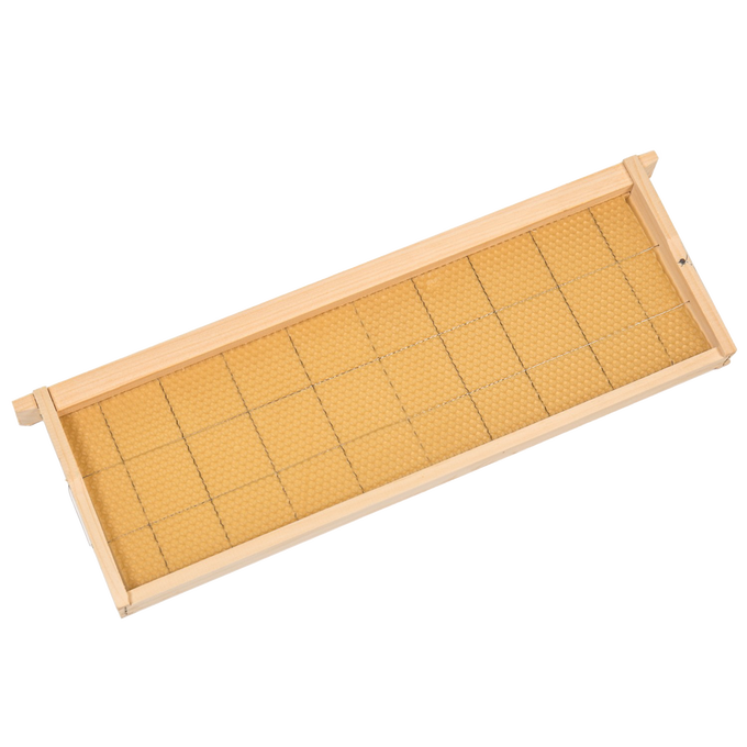 Handcrafted medium wooden bee frame featuring wired natural beeswax foundation for durability, Amish made in the USA, ideal for 5-frame, 8-frame, and 10-frame hives in farm, garden, and beekeeping supplies collections.