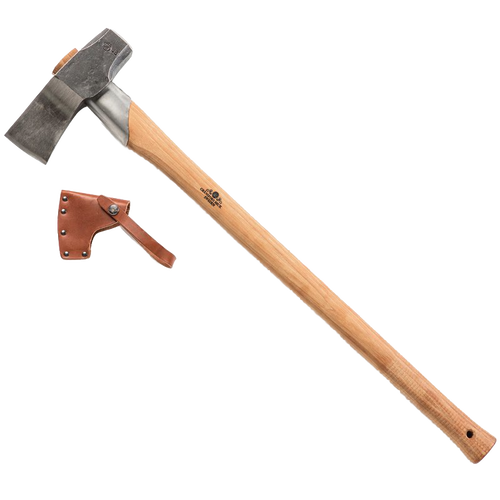 Handcrafted splitting maul with a sharp forged steel head and wooden handle, including a leather sheath, ideal for Farm, Garden & Tool, Knives & Axes, Axes, and Wood Cutting and Hauling collections.