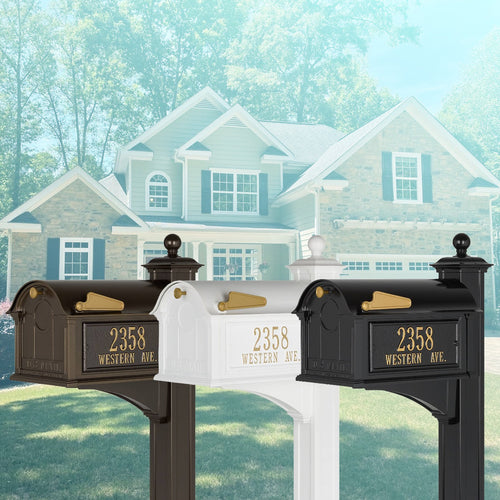 Handcrafted bronze and gold custom mailbox with post, featuring personalized street address plaque, made in USA, part of Home & Decor and Mailboxes and Address Signs collections.