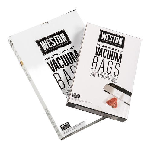 Two white boxes of BPA-free vacuum sealer bags with special textured lining, designed for food preservation and freezing, featured in Kitchen & Food, Food Preservation, Freezing, Best Sellers, and Promo Eligible collections.