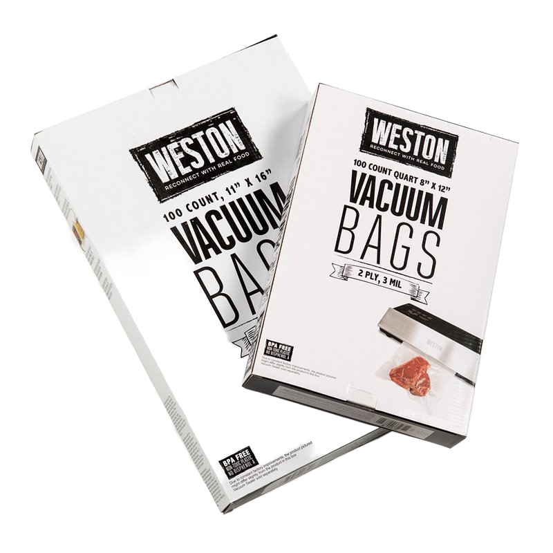Two white boxes of BPA-free vacuum sealer bags with special textured lining, designed for food preservation and freezing, featured in Kitchen & Food, Food Preservation, Freezing, Best Sellers, and Promo Eligible collections.