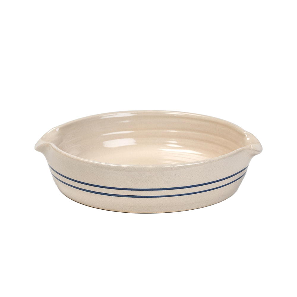 Hand-thrown stoneware cornbread pan featuring double blue stripes on natural-colored ceramic, handcrafted in the USA, ideal for Kitchen & Food, Dinnerware, and USA Made collections.