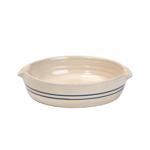 Hand-thrown stoneware cornbread pan featuring double blue stripes on natural-colored ceramic, handcrafted in the USA, ideal for Kitchen & Food, Dinnerware, and USA Made collections.