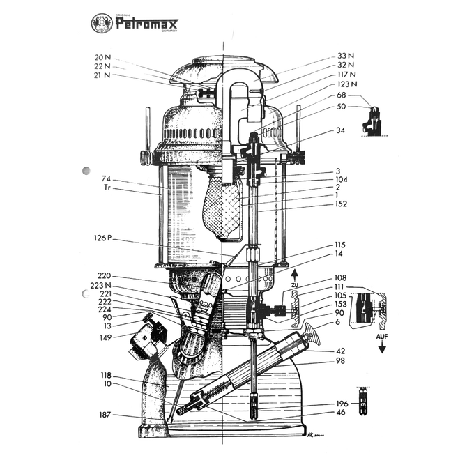Detailed technical drawing of a Petromax carburetor and washer assembly highlighting internal components and structure, featured in Lamps & Lighting, Parts and Accessories, Other Parts, Best Sellers, and Promo Eligible collections.