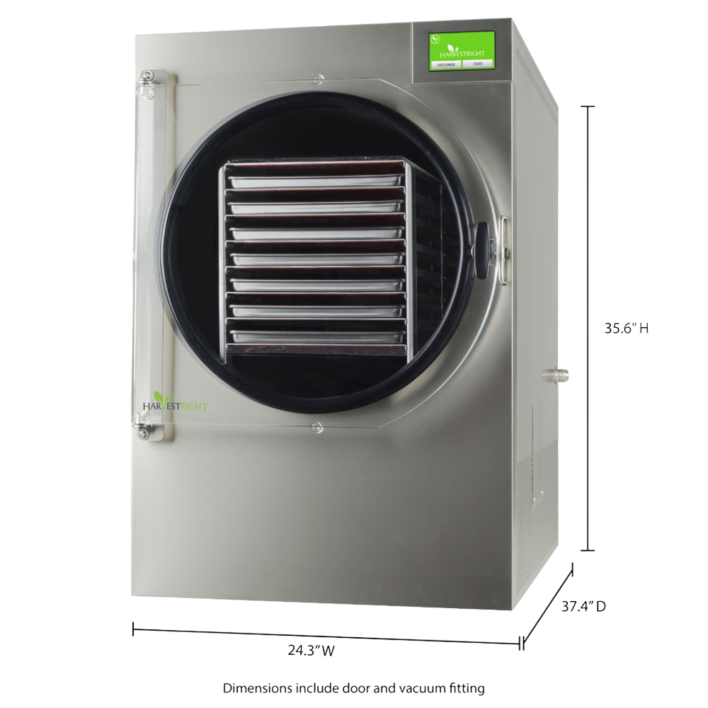 Stainless steel home freeze dryer with clear door revealing multiple drying trays inside, featuring a green digital touch screen, crafted for Kitchen & Food, Food Preservation, Freezing, Drying, and Best Sellers collections.