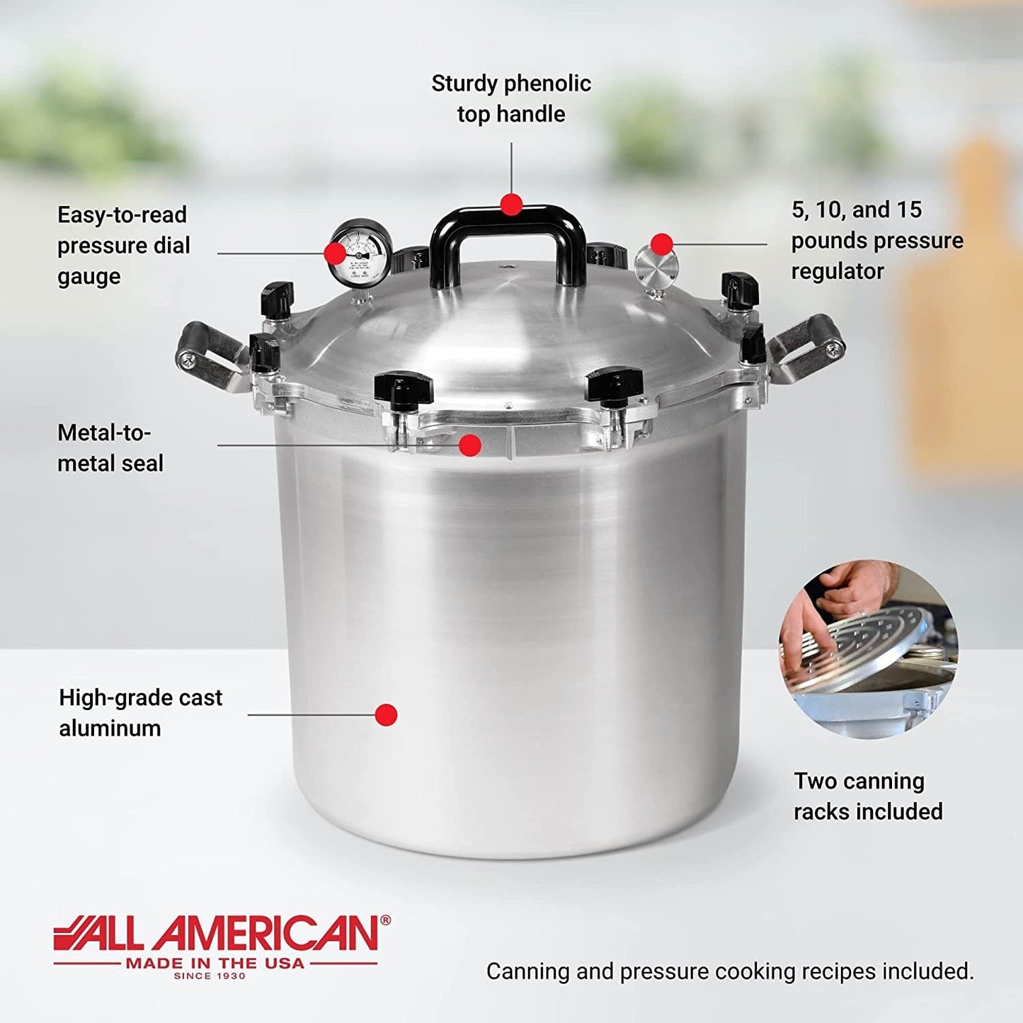 Handcrafted All American pressure canner made in USA with high-grade cast aluminum, metal-to-metal seal, easy-read pressure gauge, sturdy phenolic handle, and multiple pressure settings, featured in Kitchen & Food, Food Preservation, Canning, Pressure Canners, and Best Sellers collections.