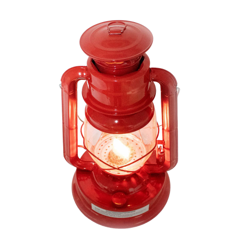 Handcrafted bright red lantern with glowing flame inside clear glass globe, featuring weather-resistant finish for dependable use in Farm, Garden & Tool, Camping, and Emergency Supplies collections.