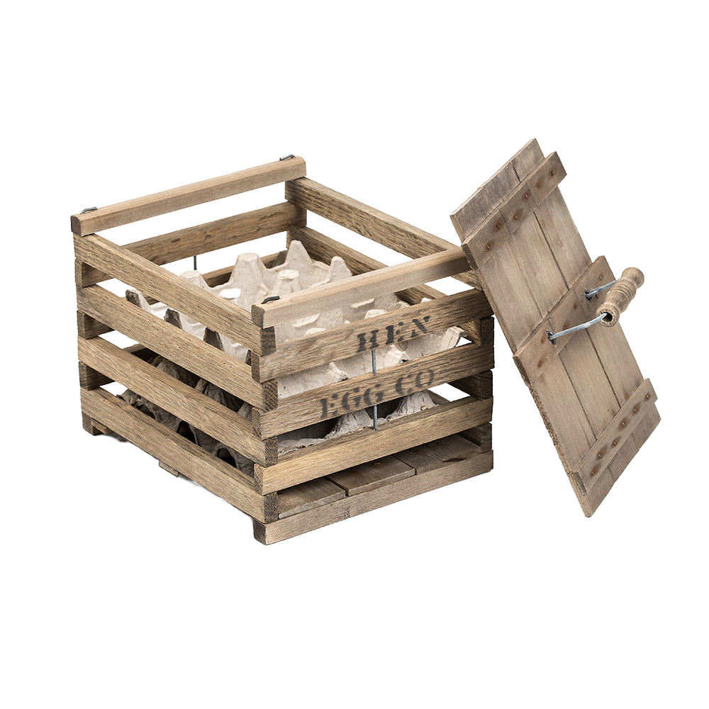 Rustic handcrafted wooden crate with slatted sides and removable lid, designed for safely carrying eggs; ideal for farm, garden, animal care, and chicken accessories collections.