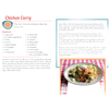 Open cookbook page showing a colorful Chicken Curry recipe with detailed ingredients and instructions alongside a plated serving on a checkered tablecloth, part of a handcrafted USA made cookbook in the Toys, Books & Games and Cookbooks collections.