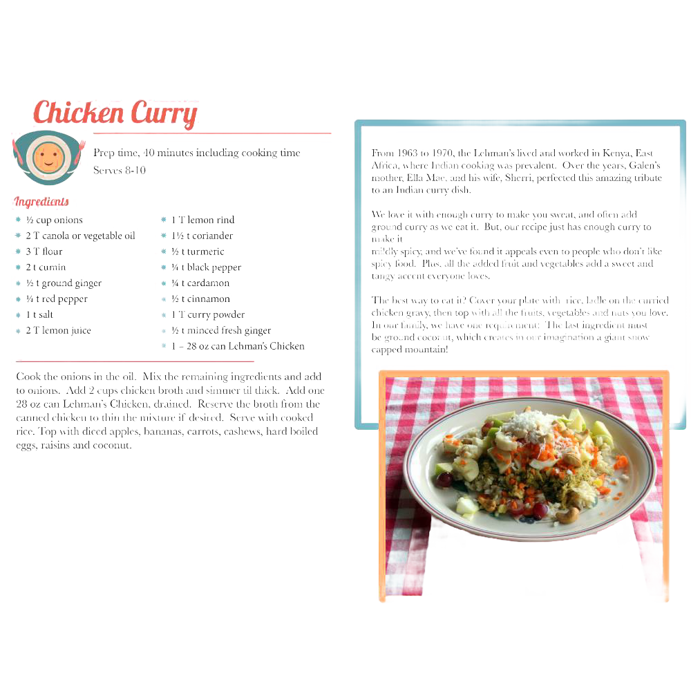 Open cookbook page showing a colorful Chicken Curry recipe with detailed ingredients and instructions alongside a plated serving on a checkered tablecloth, part of a handcrafted USA made cookbook in the Toys, Books & Games and Cookbooks collections.