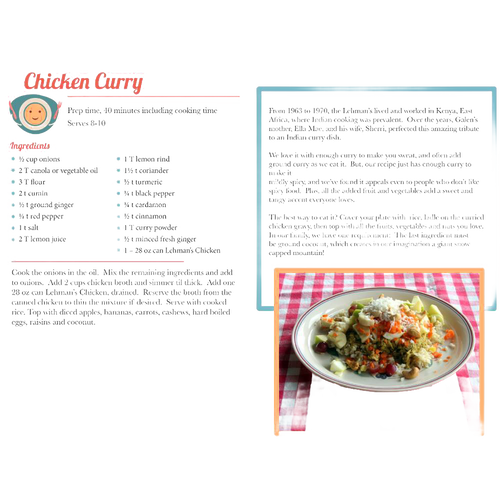 Open cookbook page showing a colorful Chicken Curry recipe with detailed ingredients and instructions alongside a plated serving on a checkered tablecloth, part of a handcrafted USA made cookbook in the Toys, Books & Games and Cookbooks collections.