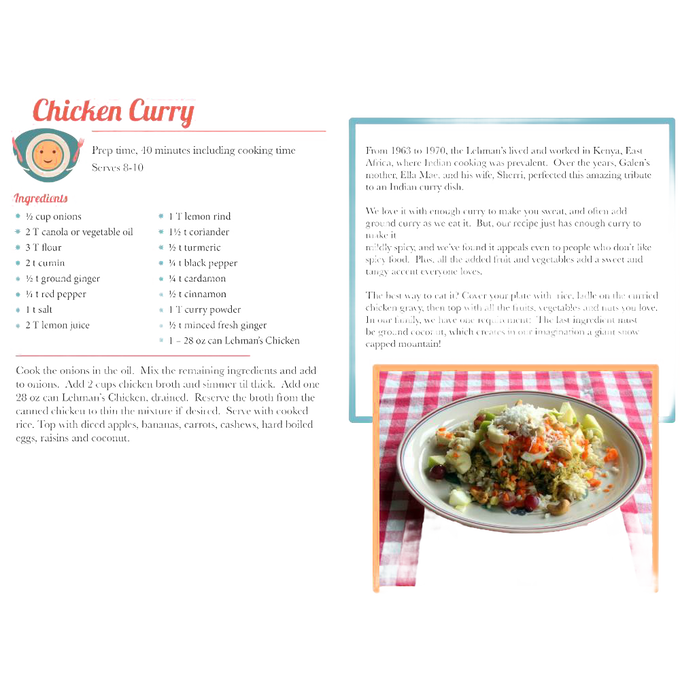 Open cookbook page showing a colorful Chicken Curry recipe with detailed ingredients and instructions alongside a plated serving on a checkered tablecloth, part of a handcrafted USA made cookbook in the Toys, Books & Games and Cookbooks collections.