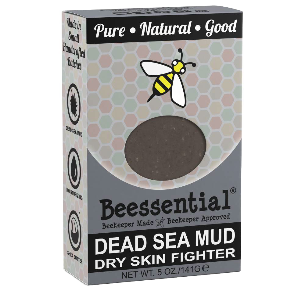 Packaging of a handcrafted Natural Dead Sea Mud soap bar with honeybee design, highlighting moisturizing and rich shea butter, made in small batches in the USA, featured in Health & Wellness, Grooming and Personal Hygiene, Soaps collections.
