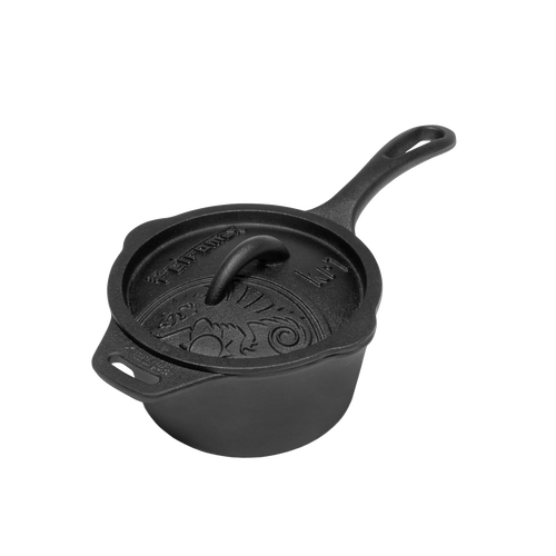 Heavy-duty cast iron saucepan with self-basting lid and two pouring spouts, designed for simmering stews and sauces in camping, farm, garden, and cookware collections.
