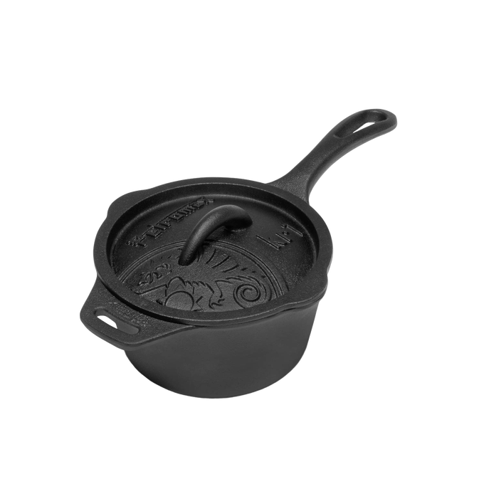 Heavy-duty cast iron saucepan with self-basting lid and two pouring spouts, designed for simmering stews and sauces in camping, farm, garden, and cookware collections.