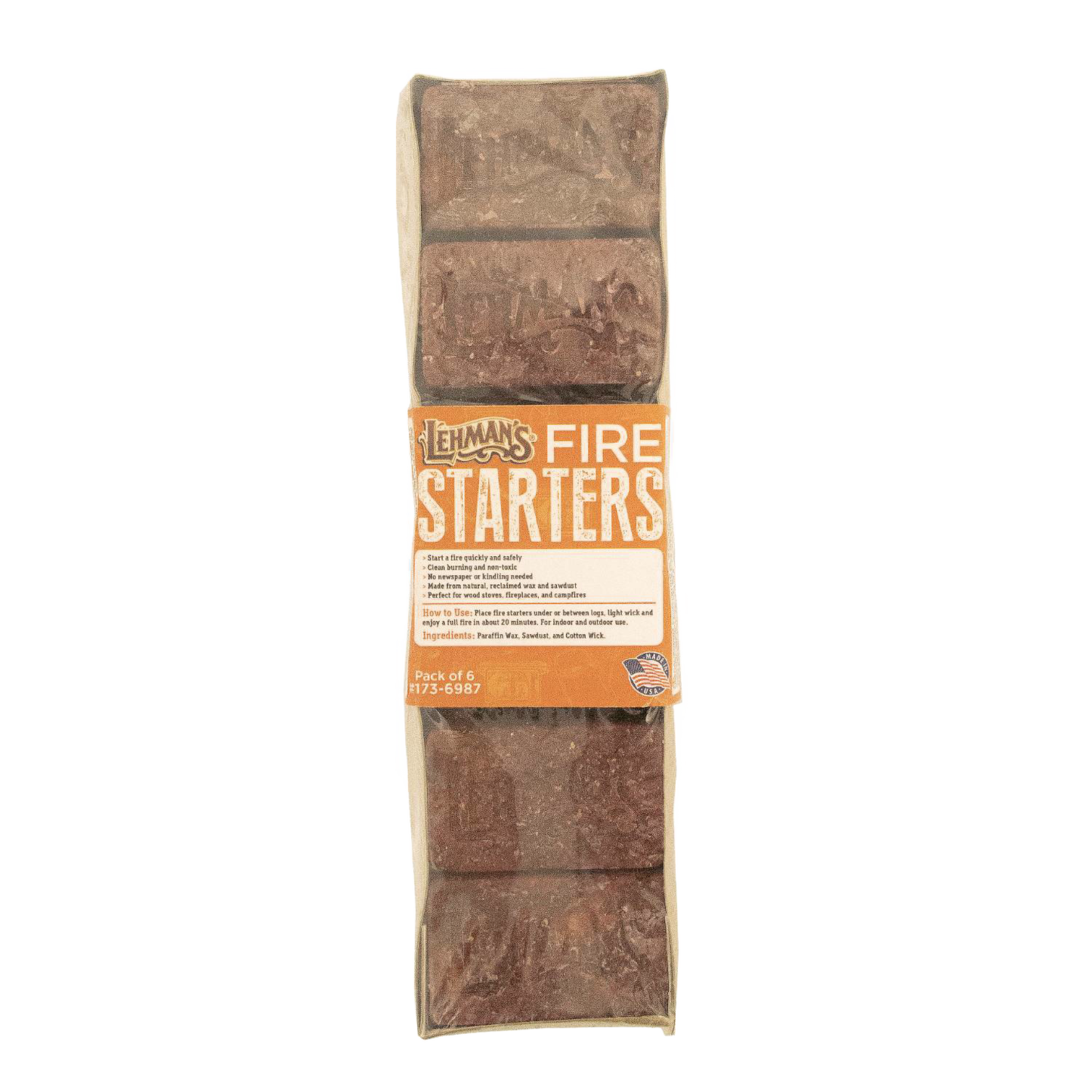 Package of handcrafted Lehman's fire starters made in the USA from natural reclaimed wax and sawdust, designed for easy, non-toxic fire building in wood stoves, campfires, and fireplaces, ideal for Farm, Garden & Tool, Stoves, Camping, and Hearth Accessories collections.