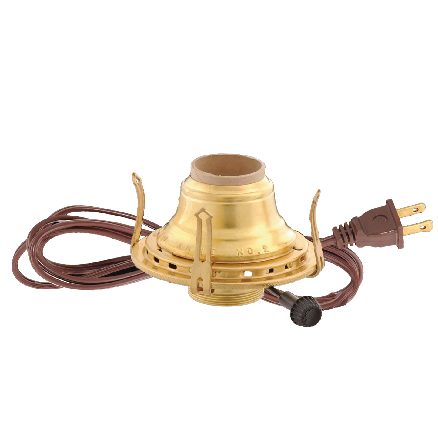 Solid brass electrified burner with 1-3/16" threaded base for 3" chimneys, featuring UL listed brown cord with arrow-shaped prongs, suited for Lamps & Lighting, Parts and Accessories, and Electric Conversion collections.