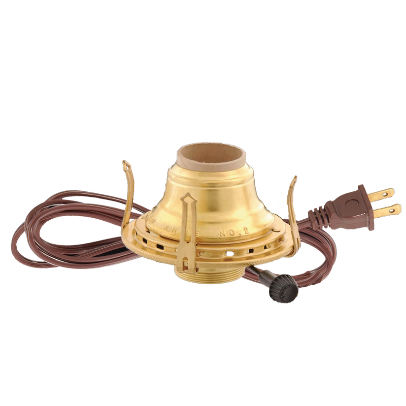 Solid brass electrified burner with 1-3/16" threaded base for 3" chimneys, featuring UL listed brown cord with arrow-shaped prongs, suited for Lamps & Lighting, Parts and Accessories, and Electric Conversion collections.