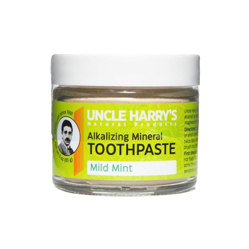 Handcrafted glass jar of Uncle Harry’s all-natural alkalizing mineral toothpaste in mild mint flavor with white lid and bright yellow-green label, ideal for Health & Wellness, Grooming and Personal Hygiene, USA Made, Best Sellers, and Promo Eligible collections.