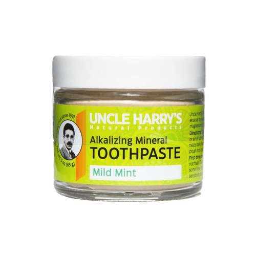 Handcrafted glass jar of Uncle Harry’s all-natural alkalizing mineral toothpaste in mild mint flavor with white lid and bright yellow-green label, ideal for Health & Wellness, Grooming and Personal Hygiene, USA Made, Best Sellers, and Promo Eligible collections.