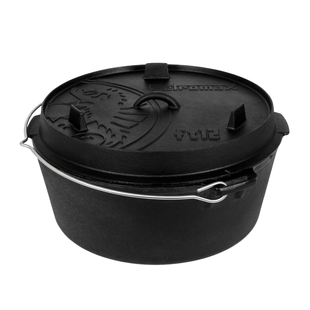 Robust cast iron Dutch oven with flat base, featuring a secure embossed lid with integral handle and sturdy metal bail, ideal for Kitchen & Food, Cookware, Cast Iron collections.