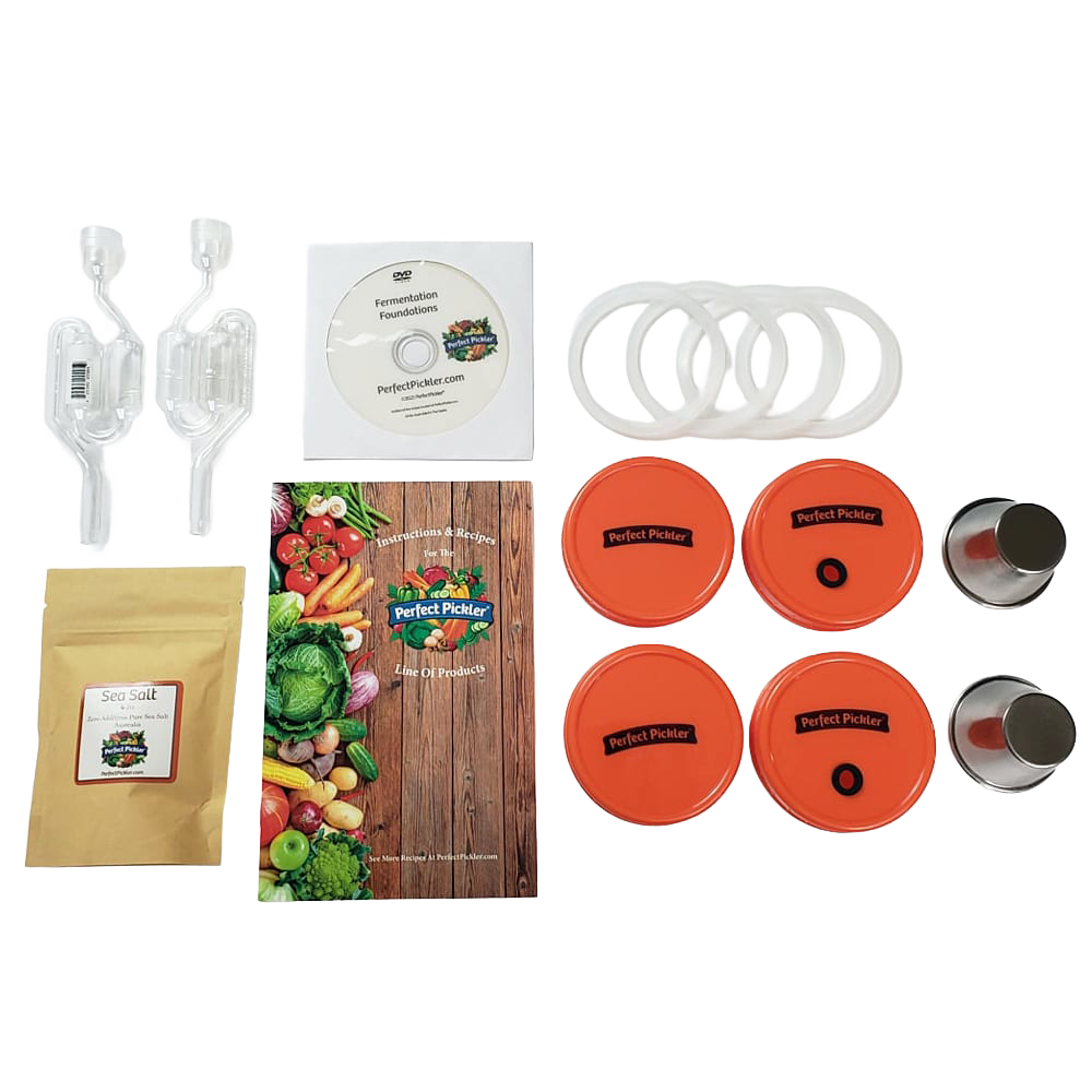 Handcrafted fermenting kit featuring two jar-top fermentors with orange lids, airlocks, gaskets, salt packet, and recipe guide, designed for Kitchen & Food, Food Preservation, and USA Made collections.