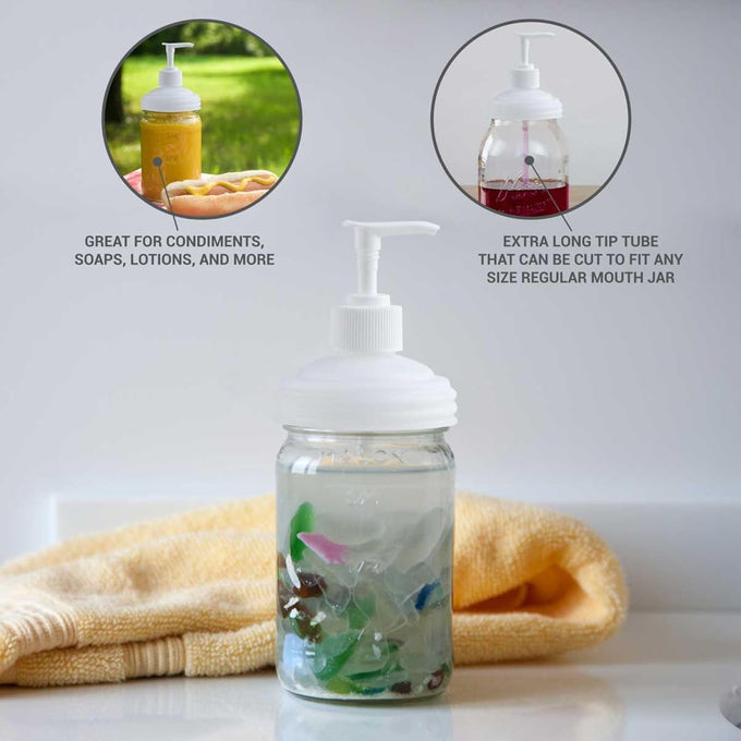 White pump lid with extra-long adjustable tube on a clear glass jar filled with decorative items, ideal for dispensing lotions, soaps, and condiments in Health & Wellness and Home & Decor collections.