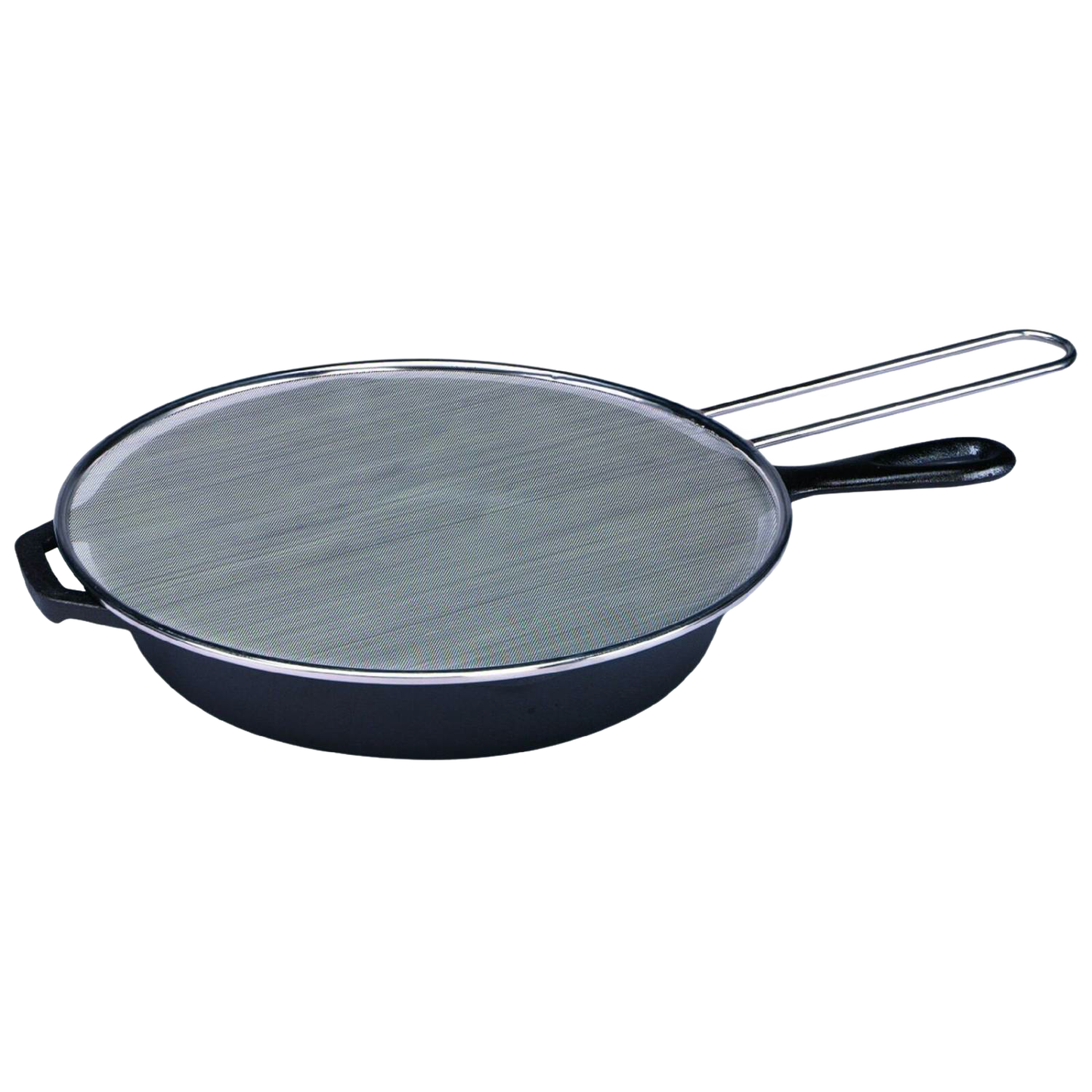 Round stainless steel splatter screen protecting a black skillet, designed to keep cooking areas clean, featured in Kitchen & Food, Kitchen Gadgets, Cooking and Baking Helpers, Best Sellers, and Promo Eligible collections.