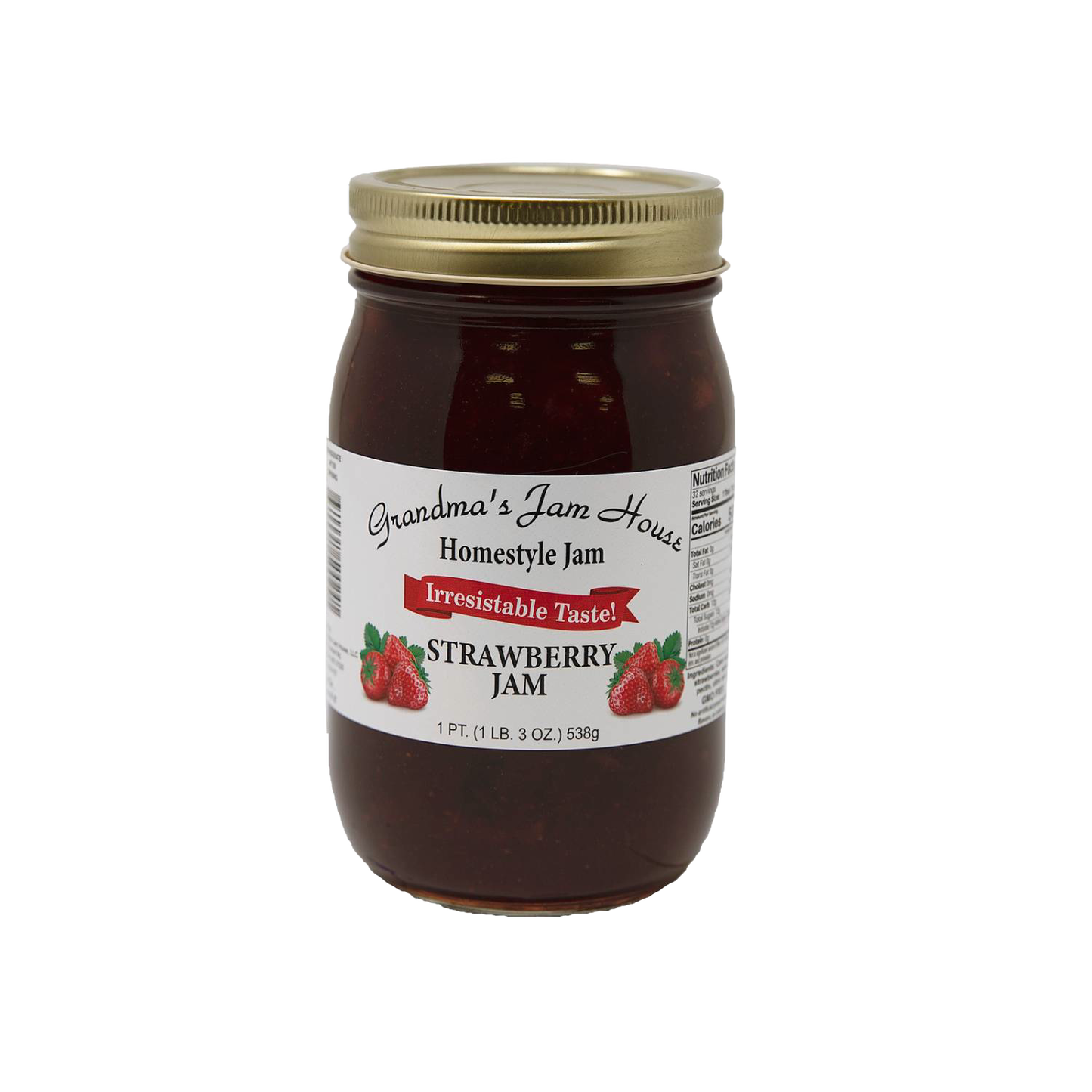 Handcrafted jar of strawberry jam with gold lid and white label displaying strawberry illustrations and "Irresistable Taste," made in USA, featured in Kitchen & Food, Food, Pantry, Peanut Butter & Jellies, Best Sellers, and Promo Eligible collections.