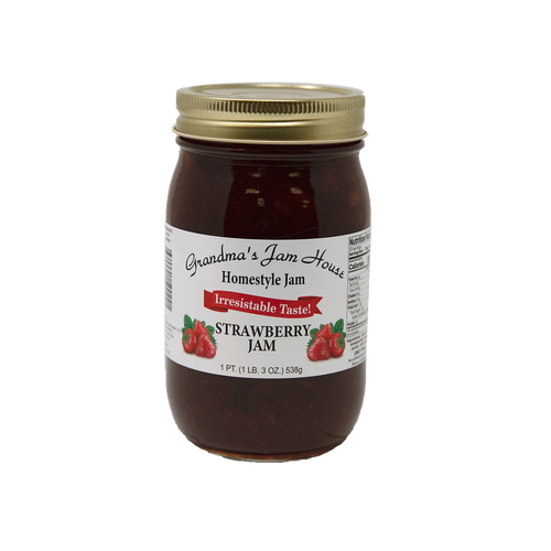 Handcrafted jar of strawberry jam with gold lid and white label displaying strawberry illustrations and "Irresistable Taste," made in USA, featured in Kitchen & Food, Food, Pantry, Peanut Butter & Jellies, Best Sellers, and Promo Eligible collections.