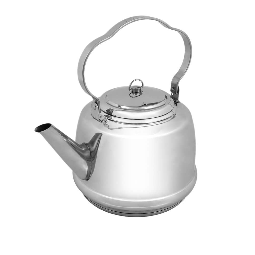 Polished stainless steel teakettle with a curved threefold bent handle and secure lid, designed for versatile use in Farm, Garden & Tool, Kitchen & Food, Camping, Brewing Coffee and Tea, Best Sellers, and Promo Eligible collections.