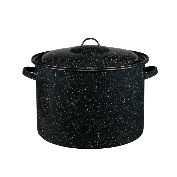 Large durable enamelware stockpot with black speckled finish and lid, crafted for even heating, ideal for Kitchen & Food, Cookware, Pots and Pans, Best Sellers, and Promo Eligible collections.