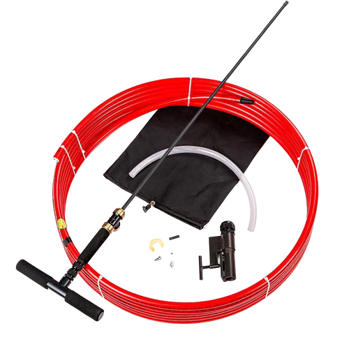 Slim hand pump with foam-grip handle, red coiled tubing, and assorted fittings, designed for deep well water access, part of USA Made, Farm, Garden & Tool, Emergency Supplies, and Water Pumps collections.
