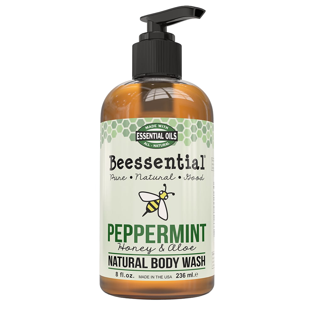 Amber bottle of peppermint-scented natural body wash with honey and aloe, pump dispenser, handcrafted and made in the USA, featured in Health & Wellness, Soaps, and Best Sellers collections.