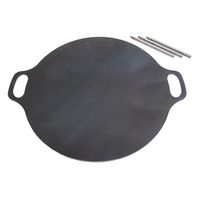 Round heavy-duty steel griddle with integrated handles and detachable legs, suitable for camping and outdoor cooking, featured in Farm, Garden & Tool, Best Sellers, and Promo collections.