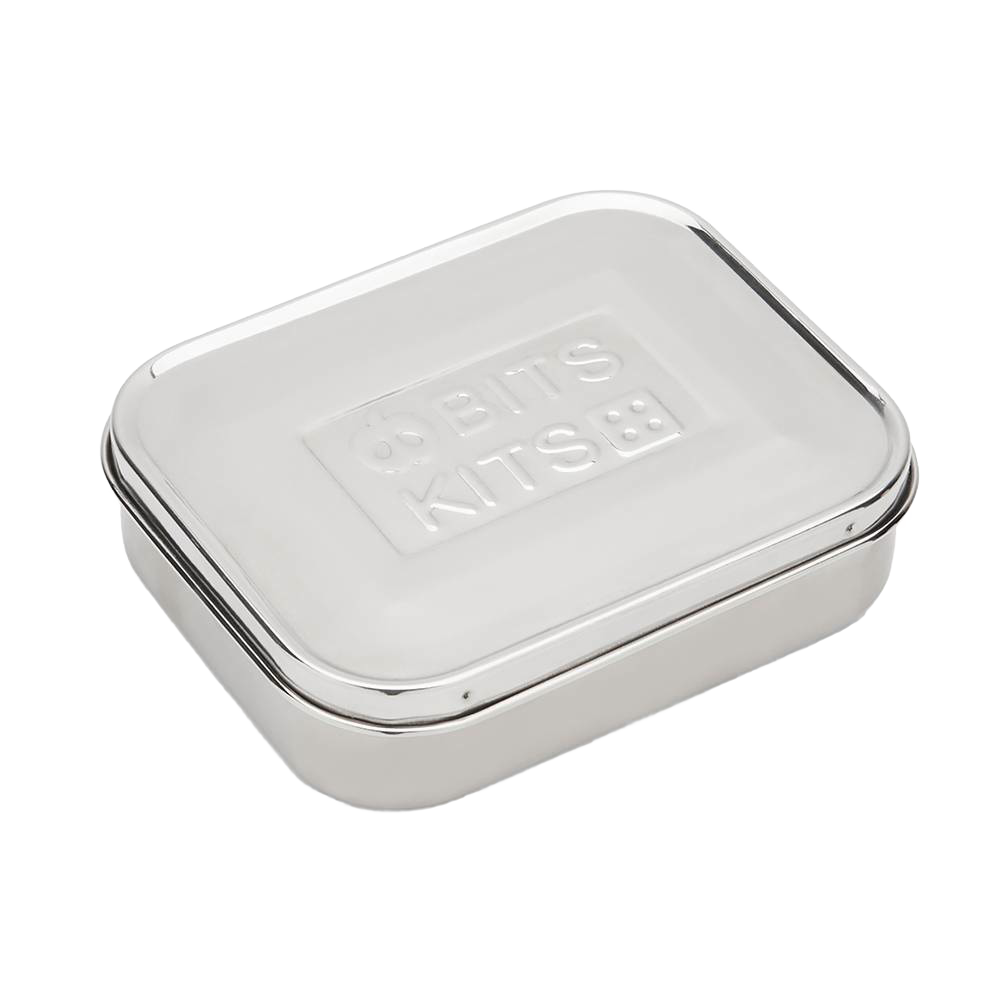 Compact stainless steel snack container with a secure lid featuring embossed branding, designed for durable, reusable food storage in Kitchen & Food and Storage and Serving collections.