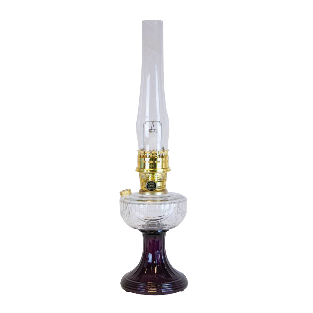 Handcrafted oil lamp featuring a clear glass bowl over an amethyst glass pedestal with brass burner, designed for lamps & lighting, oil lamps, and table lamps collections.