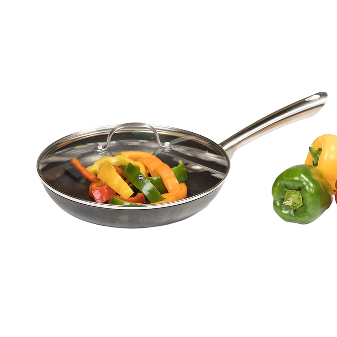 Lightweight nitrogen hardened cast iron skillet with smooth stainless steel handle and clear glass lid, containing sliced colorful bell peppers for Kitchen & Food and Cookware collections.