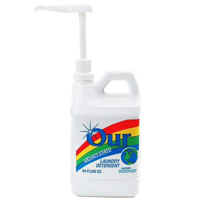 64-ounce white jug of lemon fresh liquid laundry detergent with pump dispenser, biodegradable and phosphate free, featured in Home & Decor, Laundry Supplies, USA Made, Best Sellers, and Promo Eligible collections.