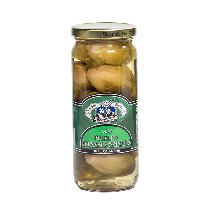 Clear glass jar filled with mild pickled brussels sprouts in light brine, featuring a green label and gold metal lid, ideal for Kitchen & Food, Pantry, USA Made, Best Sellers collections.