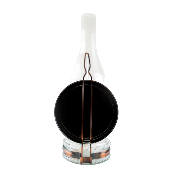 Handcrafted reflector oil lamp featuring a clear glass base, removable mirror reflector, and tall glass chimney, perfect for Lamps & Lighting, Oil Lamps, Wall Lamps, and Best Sellers collections.