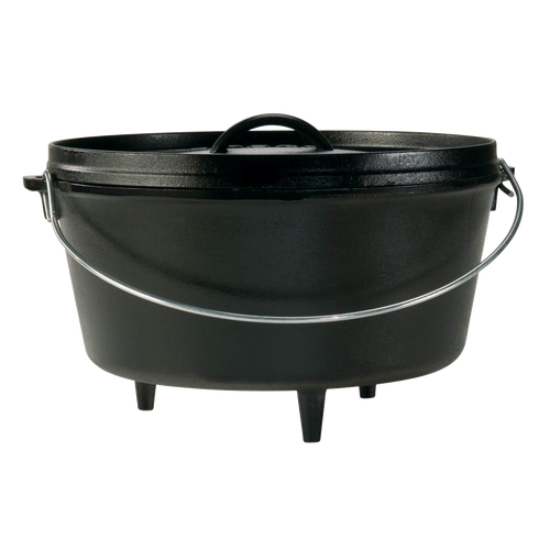 Heavy-duty cast iron camp Dutch oven with built-in legs, metal bail handle, and tight-fitting lid, handcrafted and made in USA; ideal for Farm, Garden & Tool, Camping, Cast Iron, Best Sellers, and Promo Eligible collections.