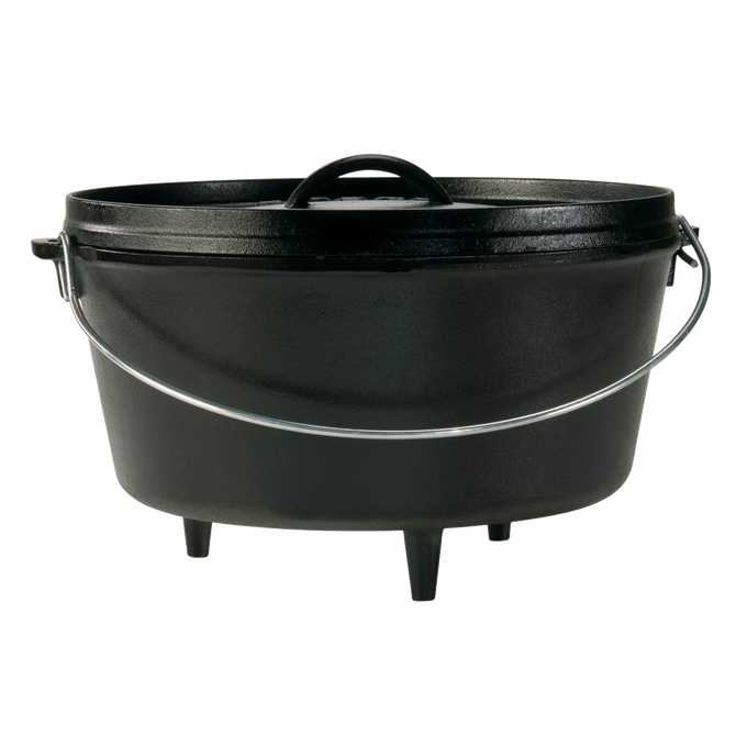 Heavy-duty cast iron camp Dutch oven with built-in legs, metal bail handle, and tight-fitting lid, handcrafted and made in USA; ideal for Farm, Garden & Tool, Camping, Cast Iron, Best Sellers, and Promo Eligible collections.