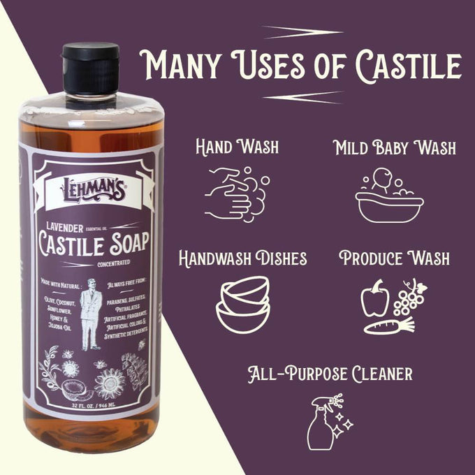 Amber bottle of handcrafted Lehman's castile liquid soap in lavender scent with icons illustrating its many uses, including hand wash, baby wash, dishwashing, produce wash, and all-purpose cleaner.
