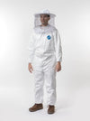 Man wearing white water-resistant Tyvek beekeeping coveralls with elastic cuffs and ankles, paired with separate wide-brim hat and protective veil, featured in Farm, Garden & Tool, Beekeeping Supplies, and Best Sellers collections.