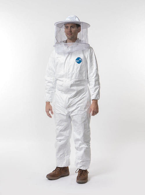 Man wearing white water-resistant Tyvek beekeeping coveralls with elastic cuffs and ankles, paired with separate wide-brim hat and protective veil, featured in Farm, Garden & Tool, Beekeeping Supplies, and Best Sellers collections.