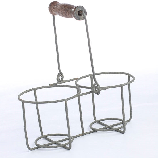 Vintage-style wire holder with two circular compartments and a turned wooden handle, designed for carrying or storing items, suited for Farm, Garden & Tool, Camping, Best Sellers, and Promo Eligible collections.