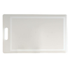 White high-density plastic cutting board featuring a convenient handle, smooth surface on one side, and a grooved edge for catching juices, ideal for Kitchen & Food and Food Prep collections.