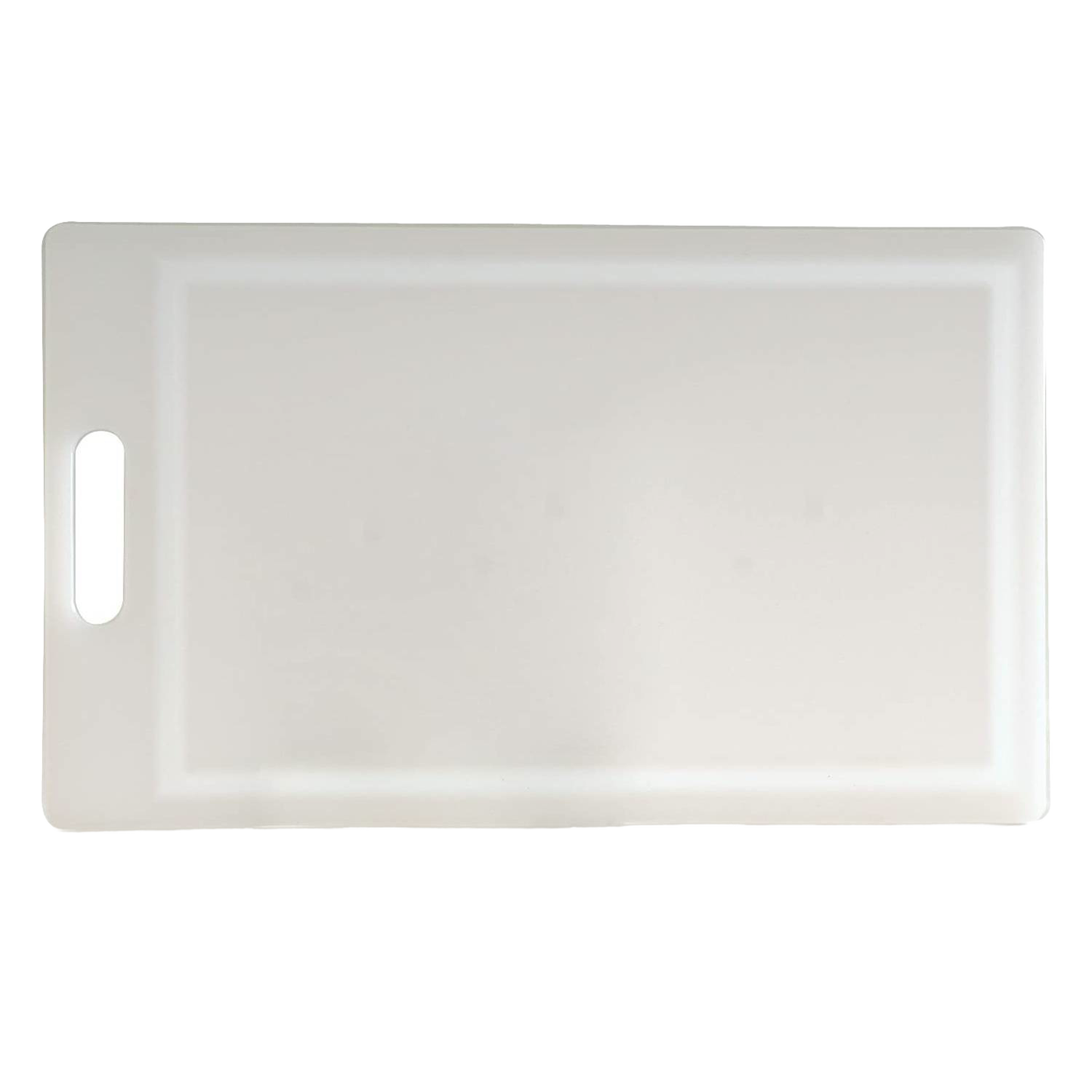 White high-density plastic cutting board featuring a convenient handle, smooth surface on one side, and a grooved edge for catching juices, ideal for Kitchen & Food and Food Prep collections.